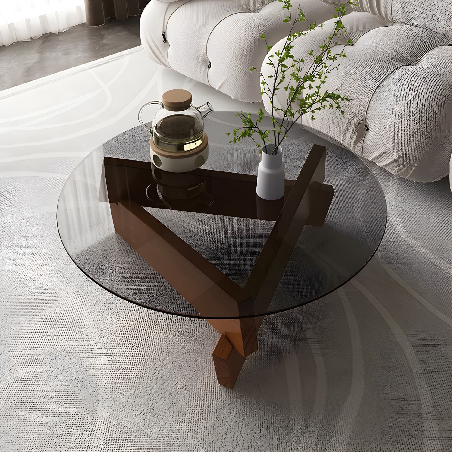 Modern Round Glass Top Coffee Table with Abstract Wooden Leg - image 5