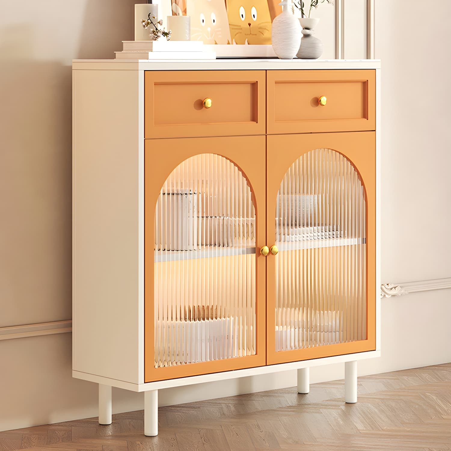 Scandinavian Wood Sideboard with Stone Countertop and Glass Doors
