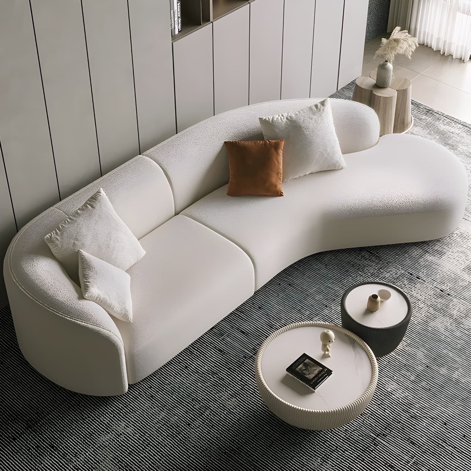Scandinavian Wood Frame Curved Sectional Sofa in Beige Sherpa Upholstery, 2 Piece Set - image 3