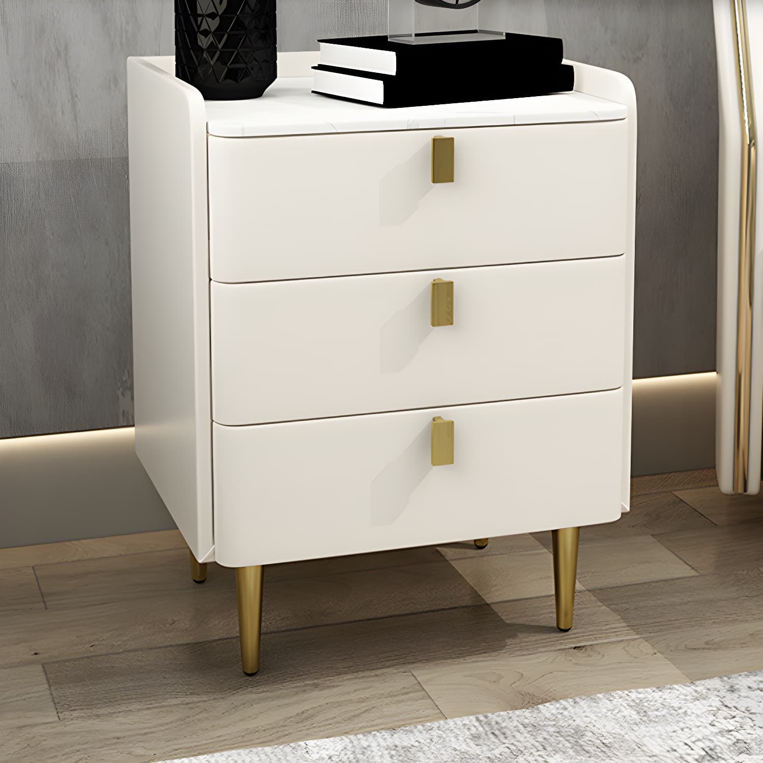 Faux Leather Nightstand Modern 3 - Drawer Nightstand with Stone Top - image 10