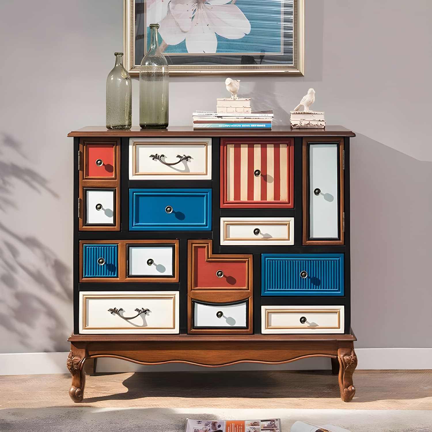 Industrial Painted Accent Cabinet with Drawers Solid Wood Chest