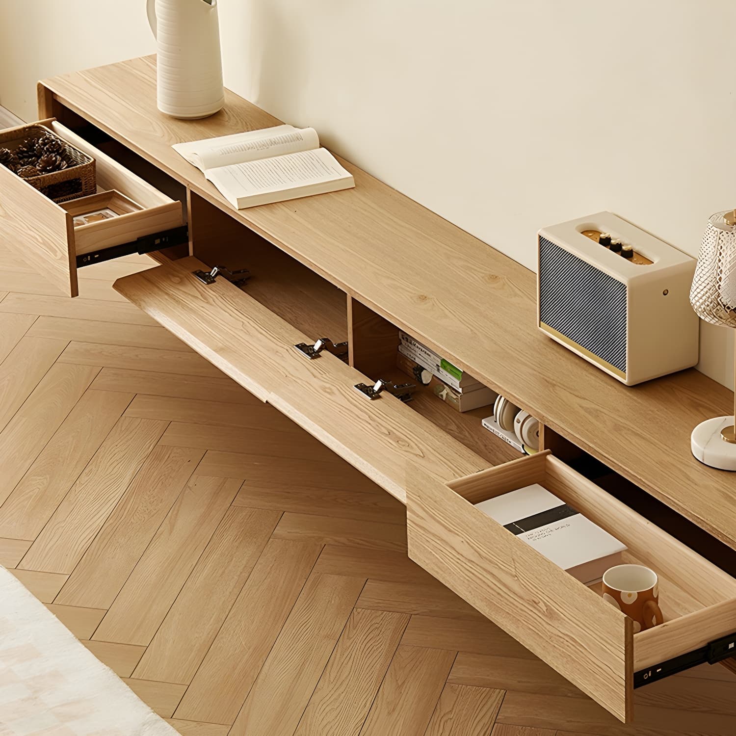 Contemporary Wood Media Console TV Stand with Drawer and Door - image 22