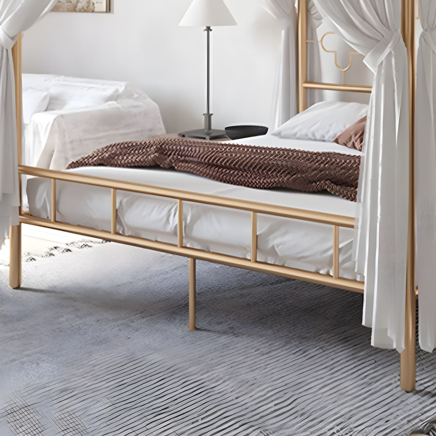 Metal Four Poster Bed with Open-Frame Headboard, Glam Standard Bed - image 9