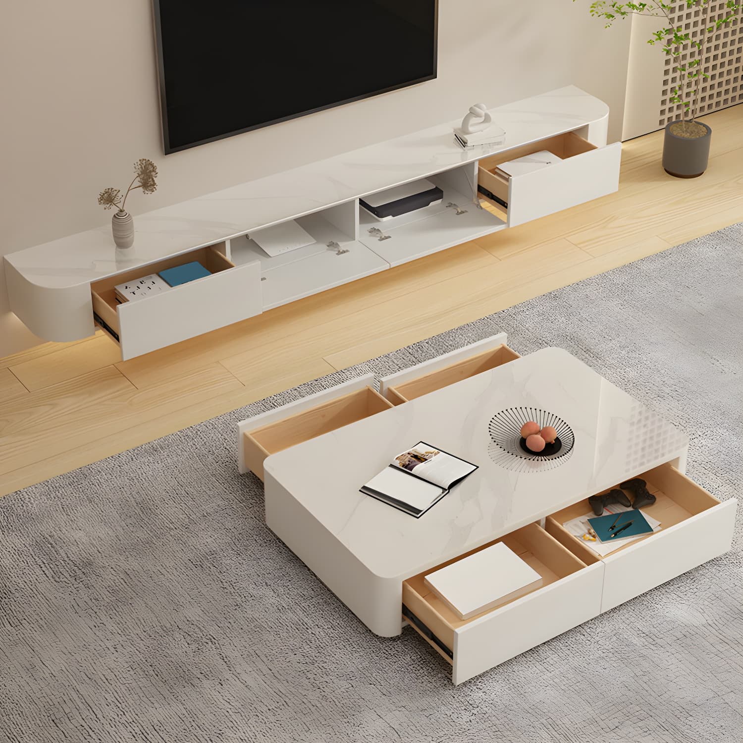 Stone TV Media Console Floating Stand Console with 2 Drawers