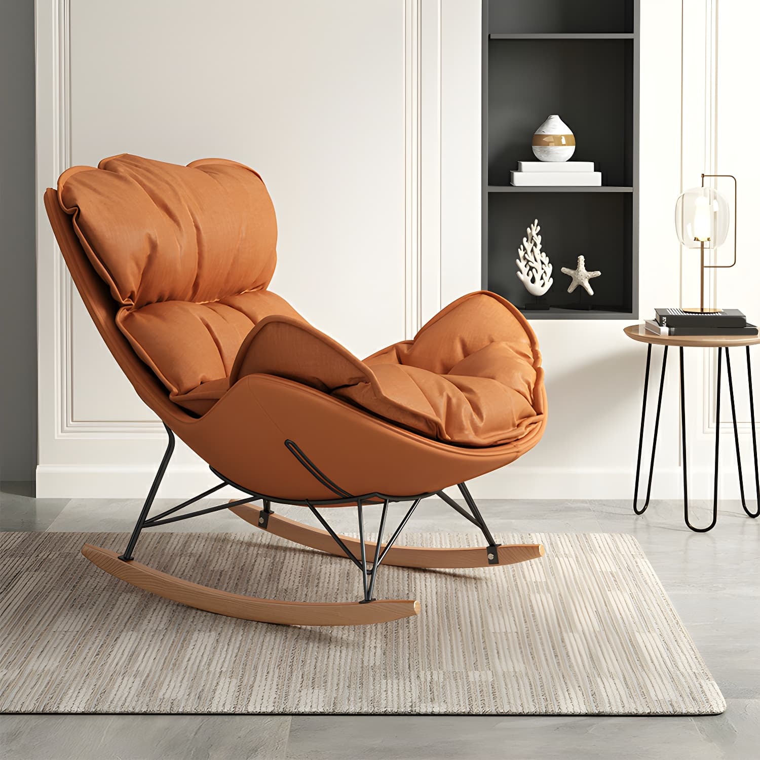 Modern Metal Rocking Chair with Upholstered Seat - Brown Legs, Removable Cushions - image 7