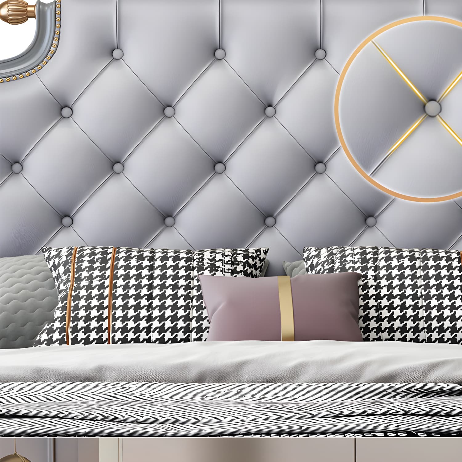 Tufted Upholstered Panel Bed with Nailhead Trim Victorian Solid Wood Bed Frame - image 7