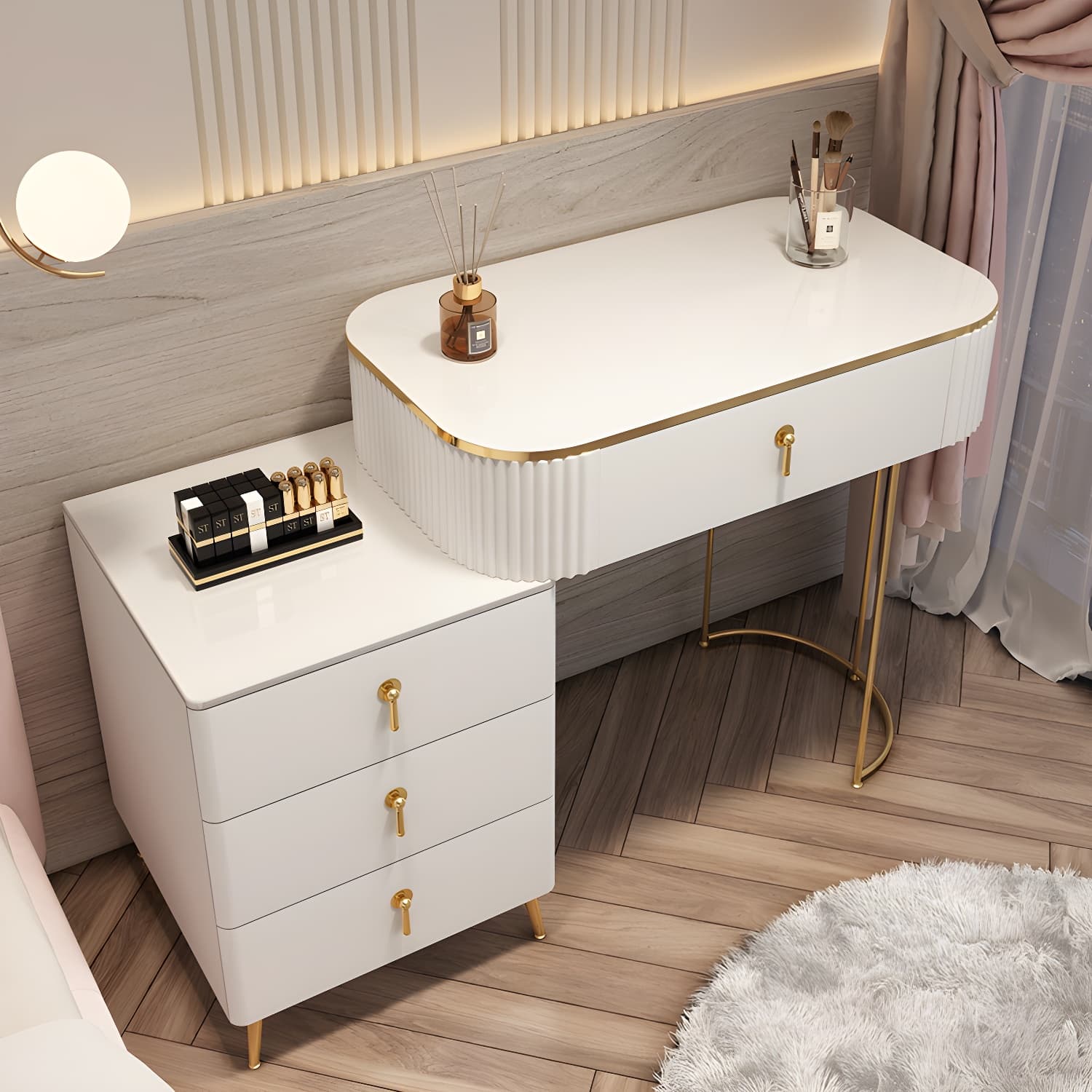 Contemporary Mirrored Wood Top Makeup Vanity Desk White/Gray Dressing Table - image 3