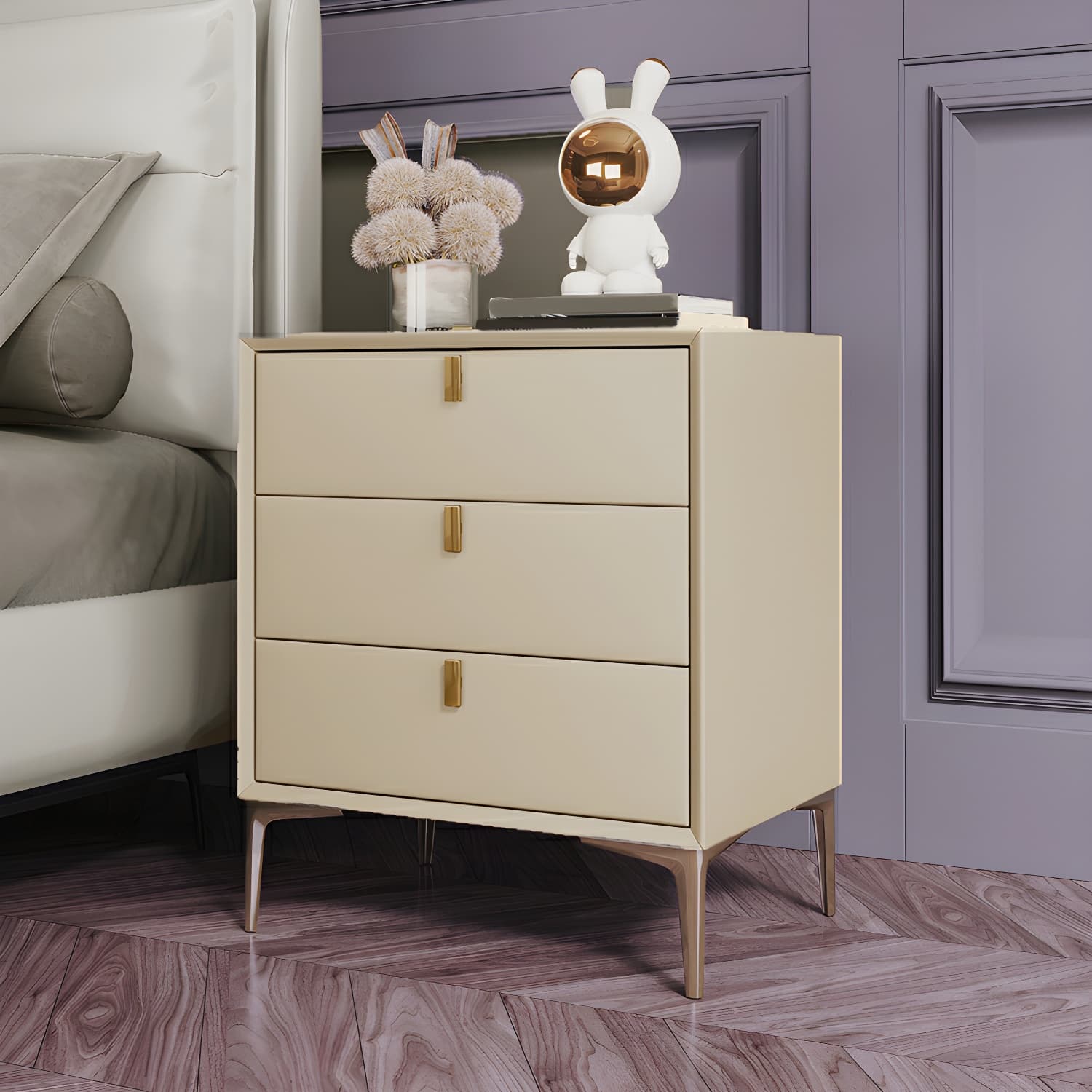 Glam Style Solid Wood 3-Drawer Nightstand with Legs for Bedroom