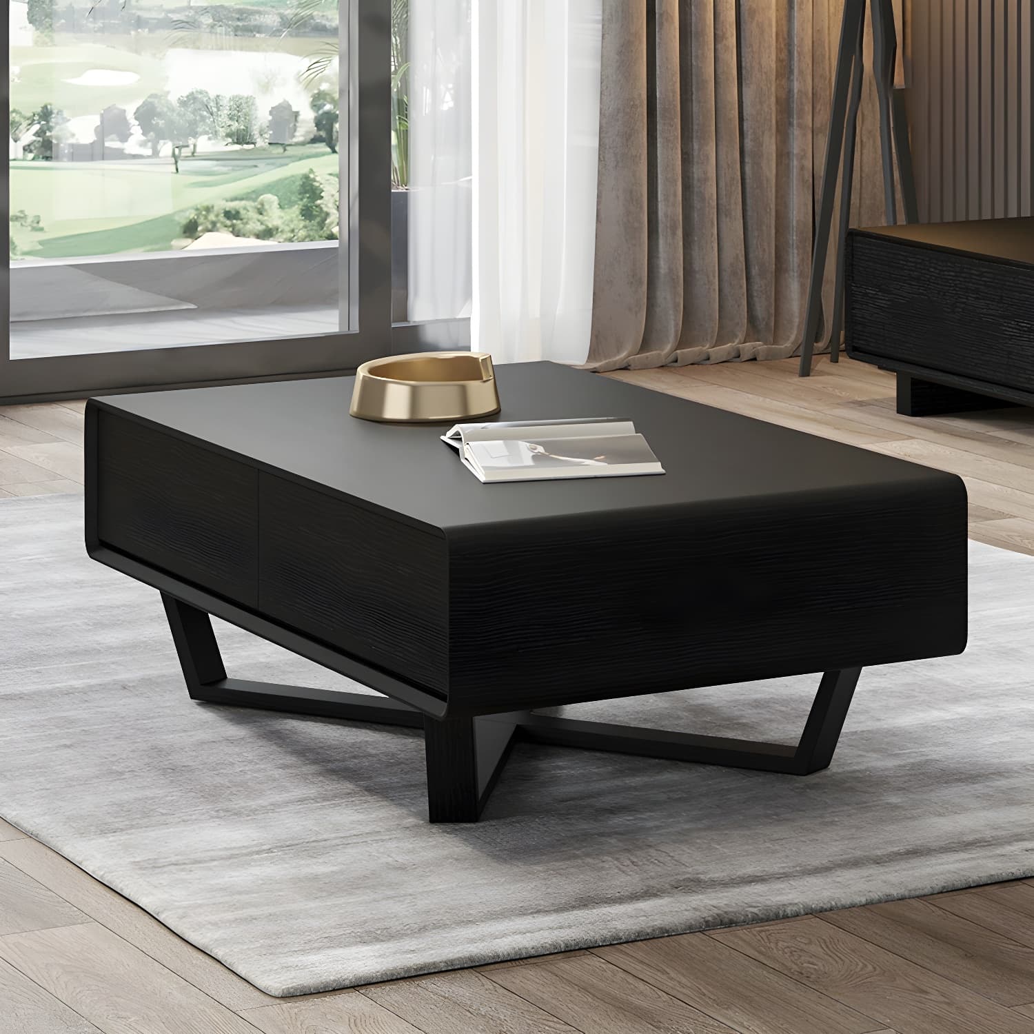 Rectangular Wood Modern Coffee Table with Black Metal Cross Legs and Storage Drawers