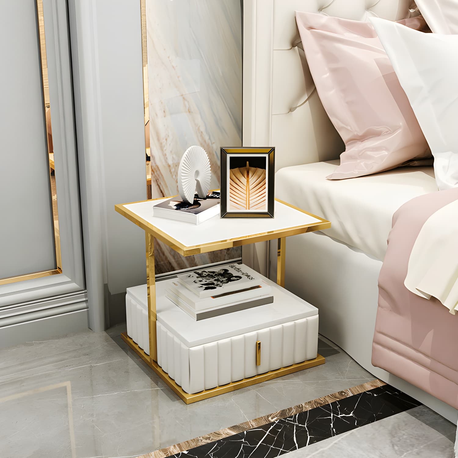 Modern Open Storage Nightstand Stone Top 20 Inch Tall 1-Drawer Night Table - image 5