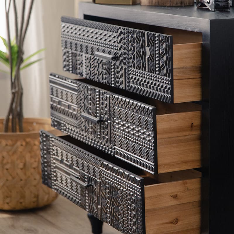 Modern Black Wood Console Cabinet with Cubby Storage and Wood Scoring & Rub Through Detailings - image 9