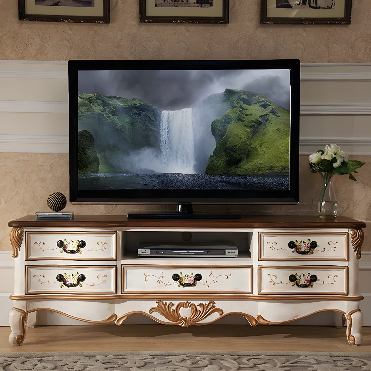 Vintage Birch Wood Media Console Matte Finish TV Media Stand with Drawers and Open Storage - image 5