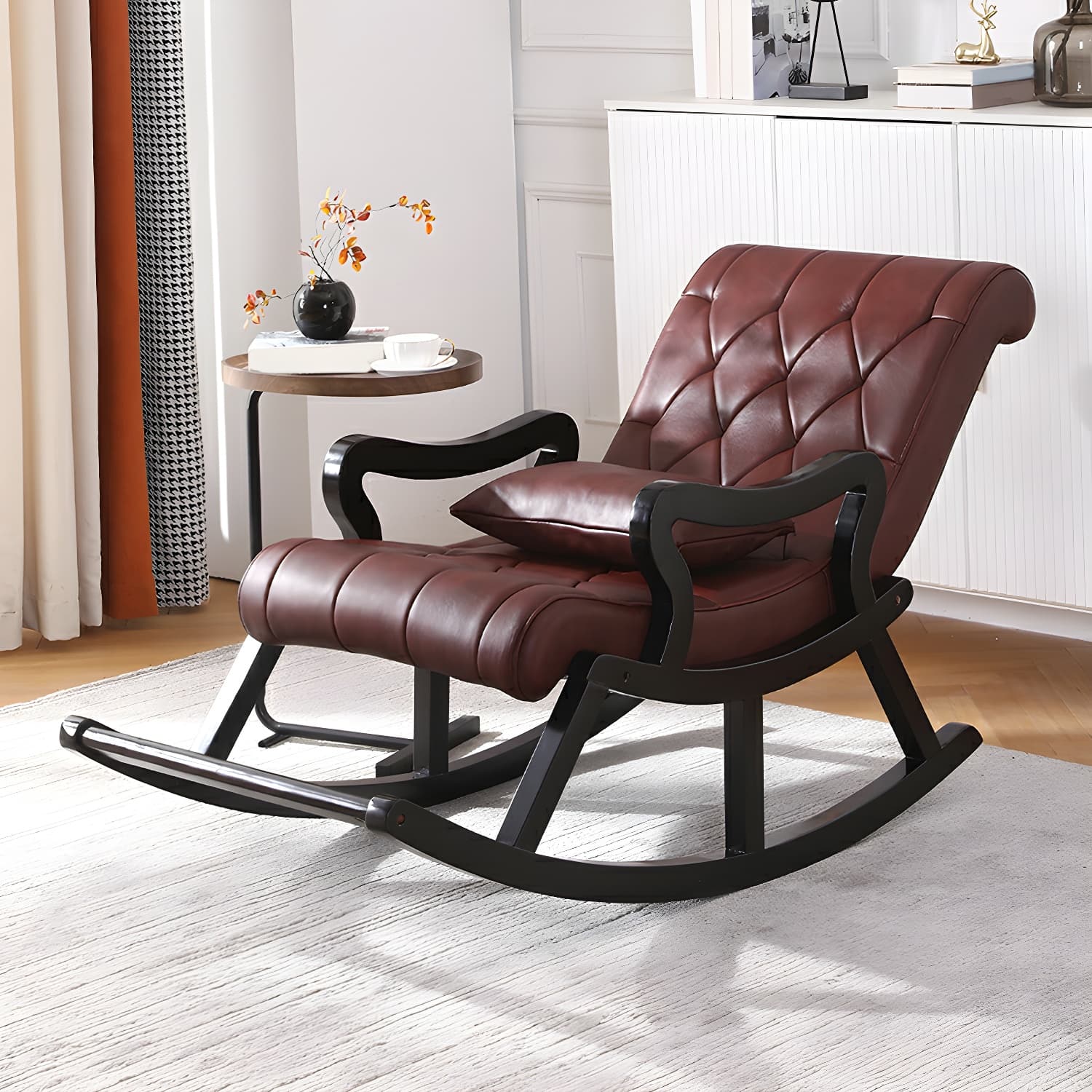 49" Wide Tufted Cushions Solid Wood Leather Rocking Accent Chair - image 9