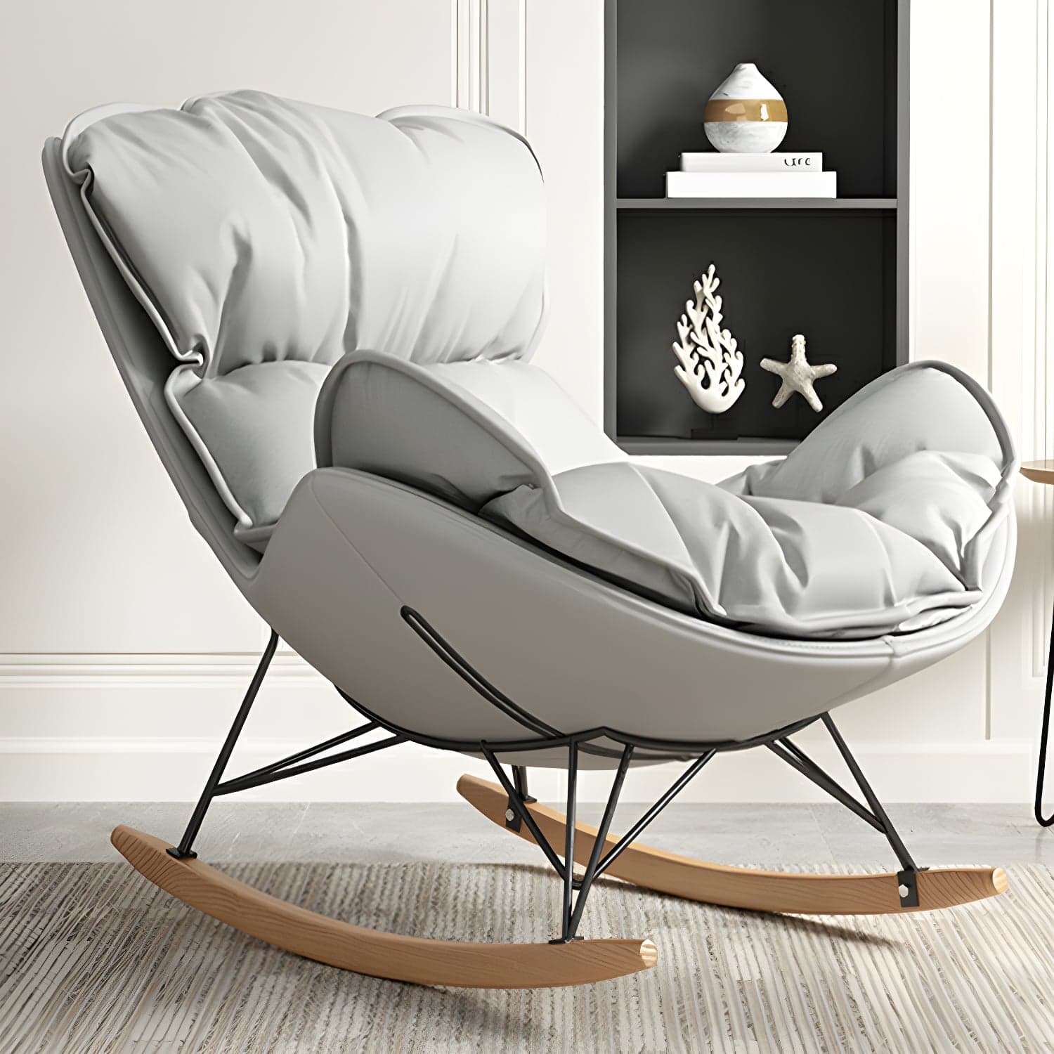 Stylish and Comfortable Modern Upholstered Indoor Rocking Chair with Natural Wood Legs - image 3