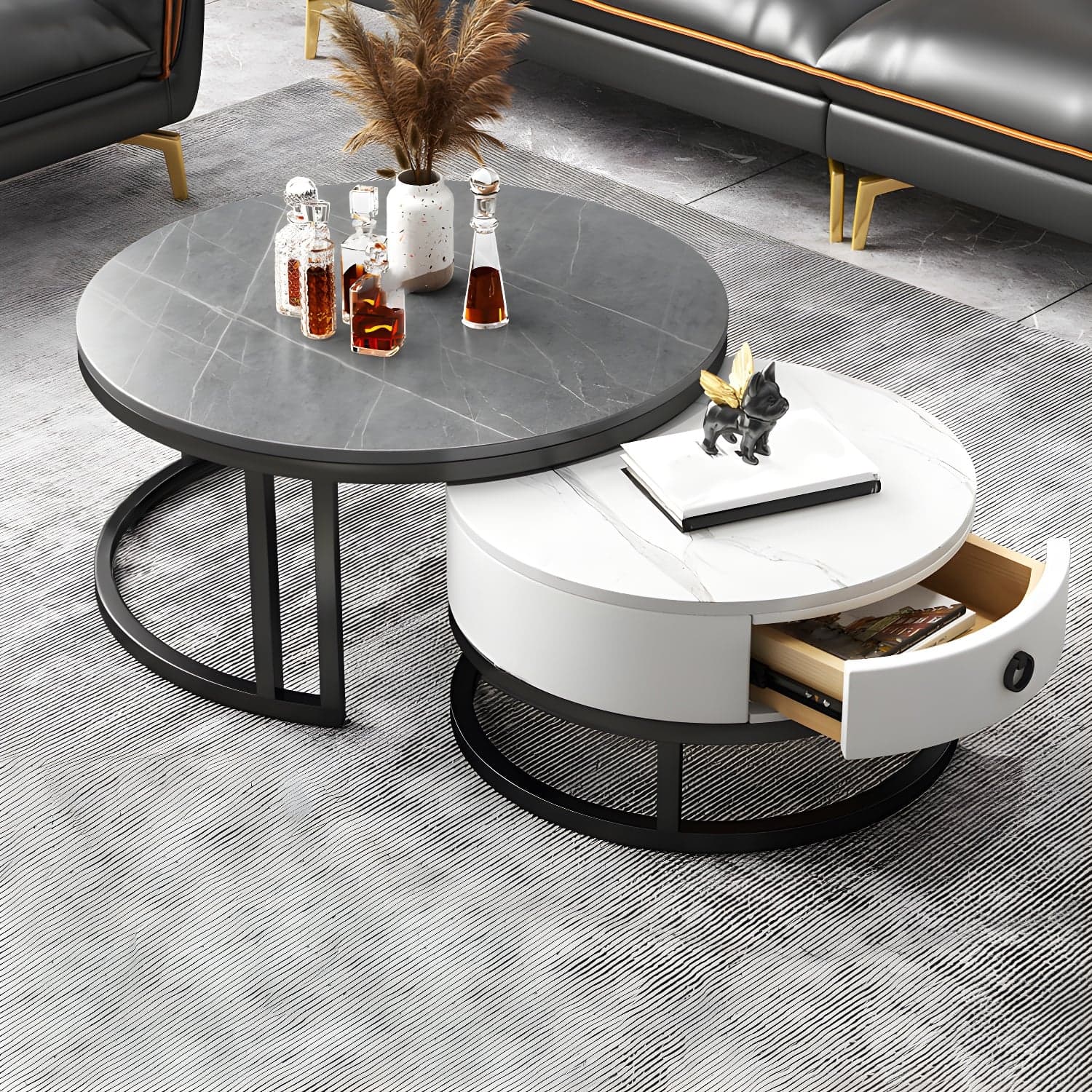 Modern Nesting Coffee Table Set Frame Round Coffee Table Set with Drawer - image 3