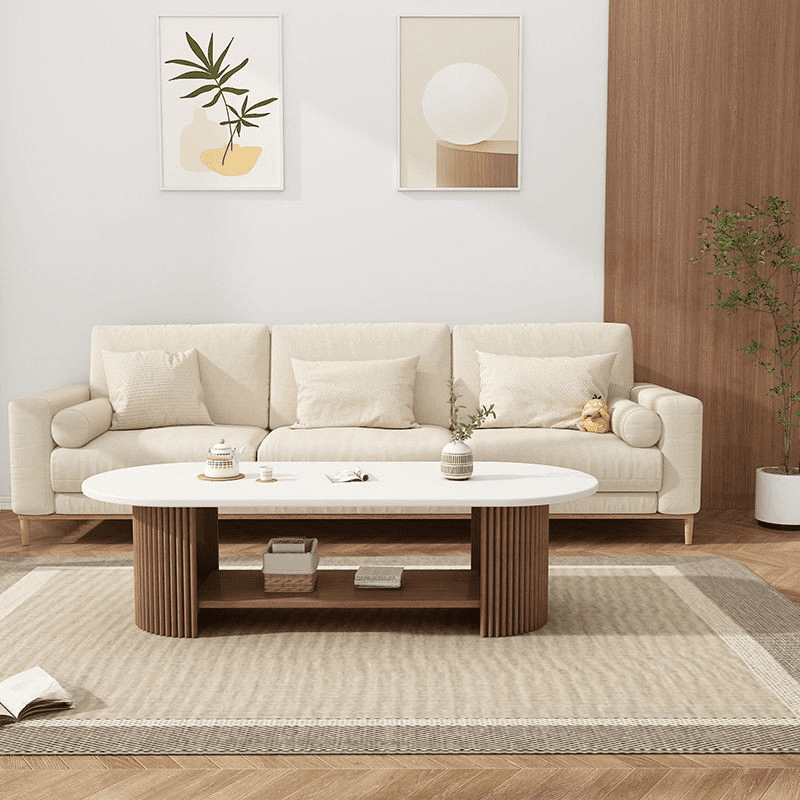 Elegant 2 Tiers Oval Natural Wood Board Game Coffee Table with Twin Support and Repository Storage, 1 Shelf - image 5