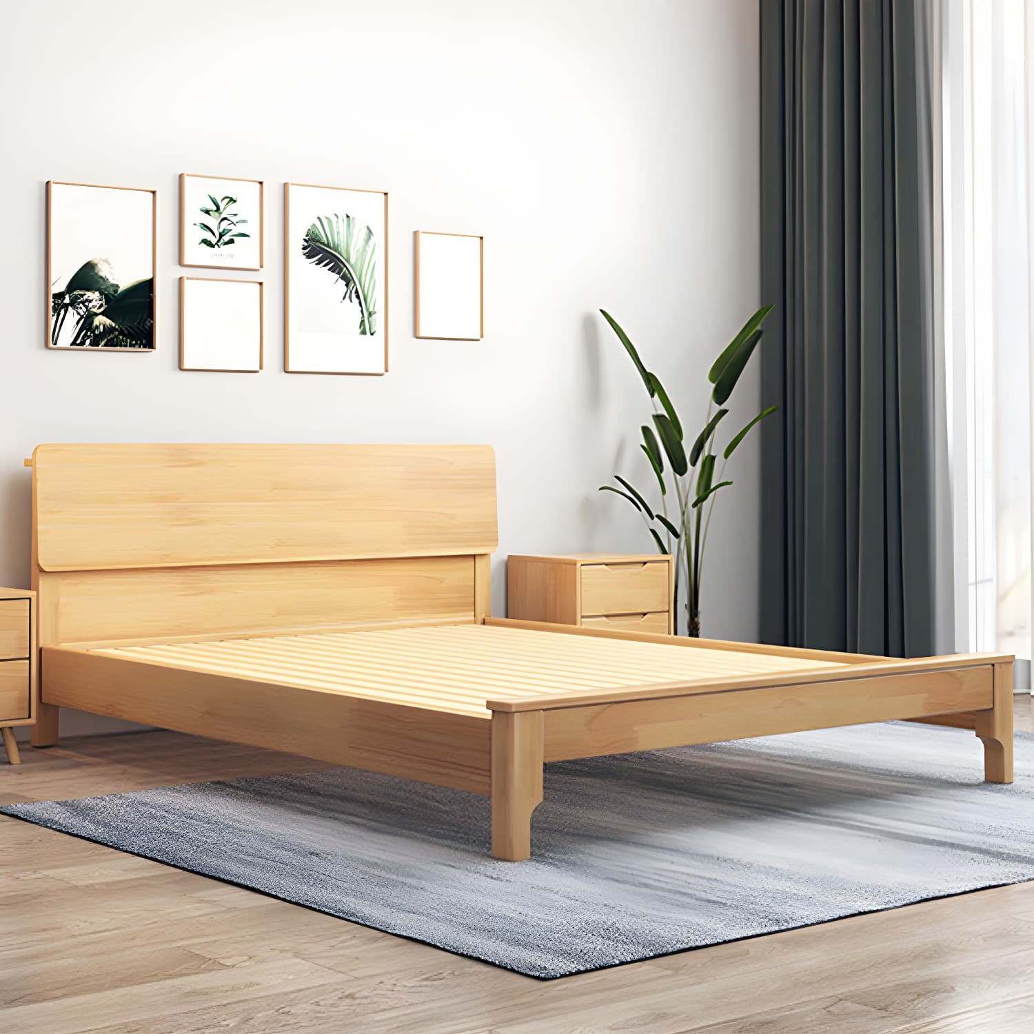 Scandinavian Solid Wood Bed with Rectangle Headboard and 4 Legs - image 5
