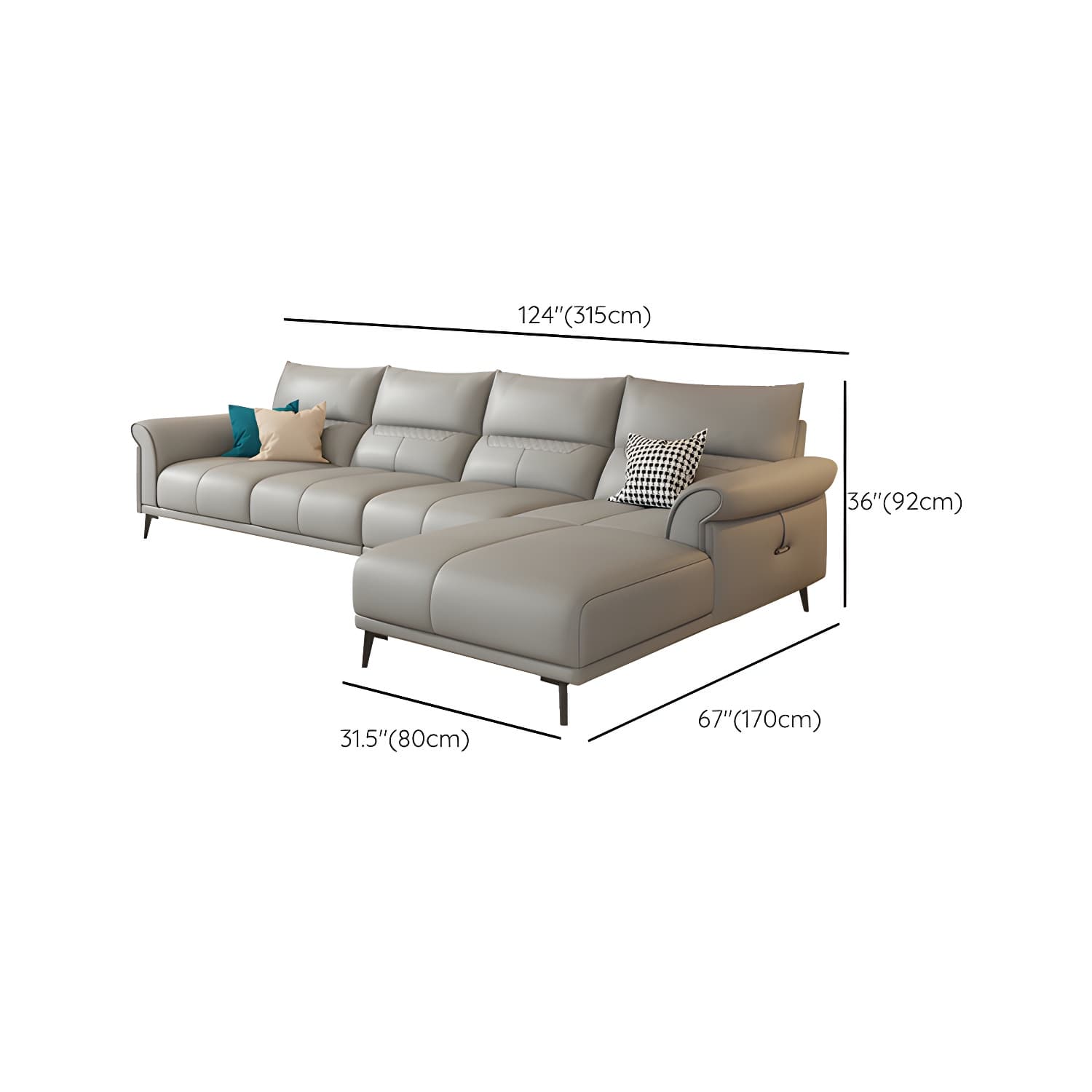 Modern Gray Genuine Leather Stationary Sectional Sofa with Flared Arms - image 20