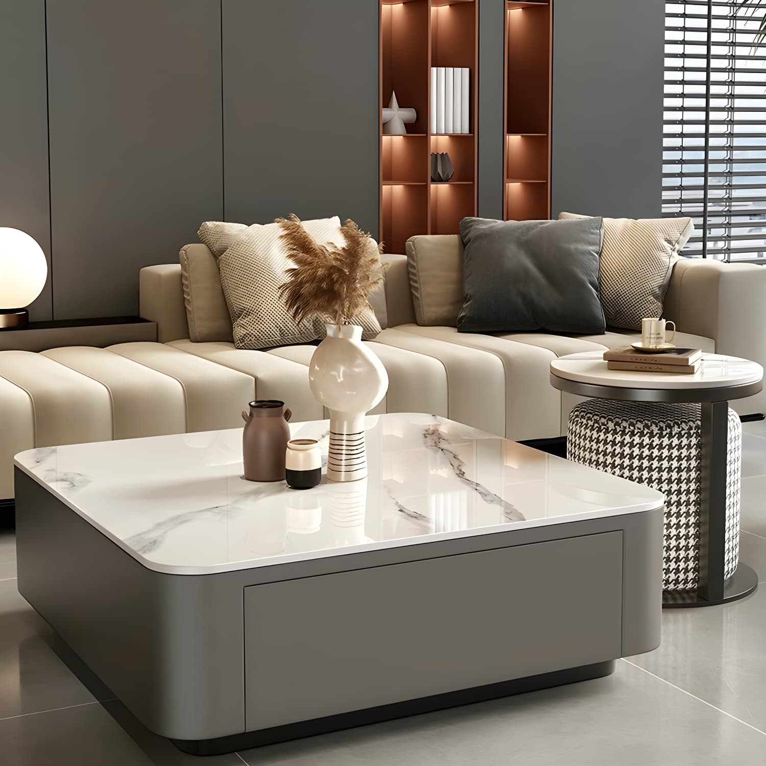 Modern Square Stone Coffee Table Set with Black Metal Block Base and Storage Drawers - image 9