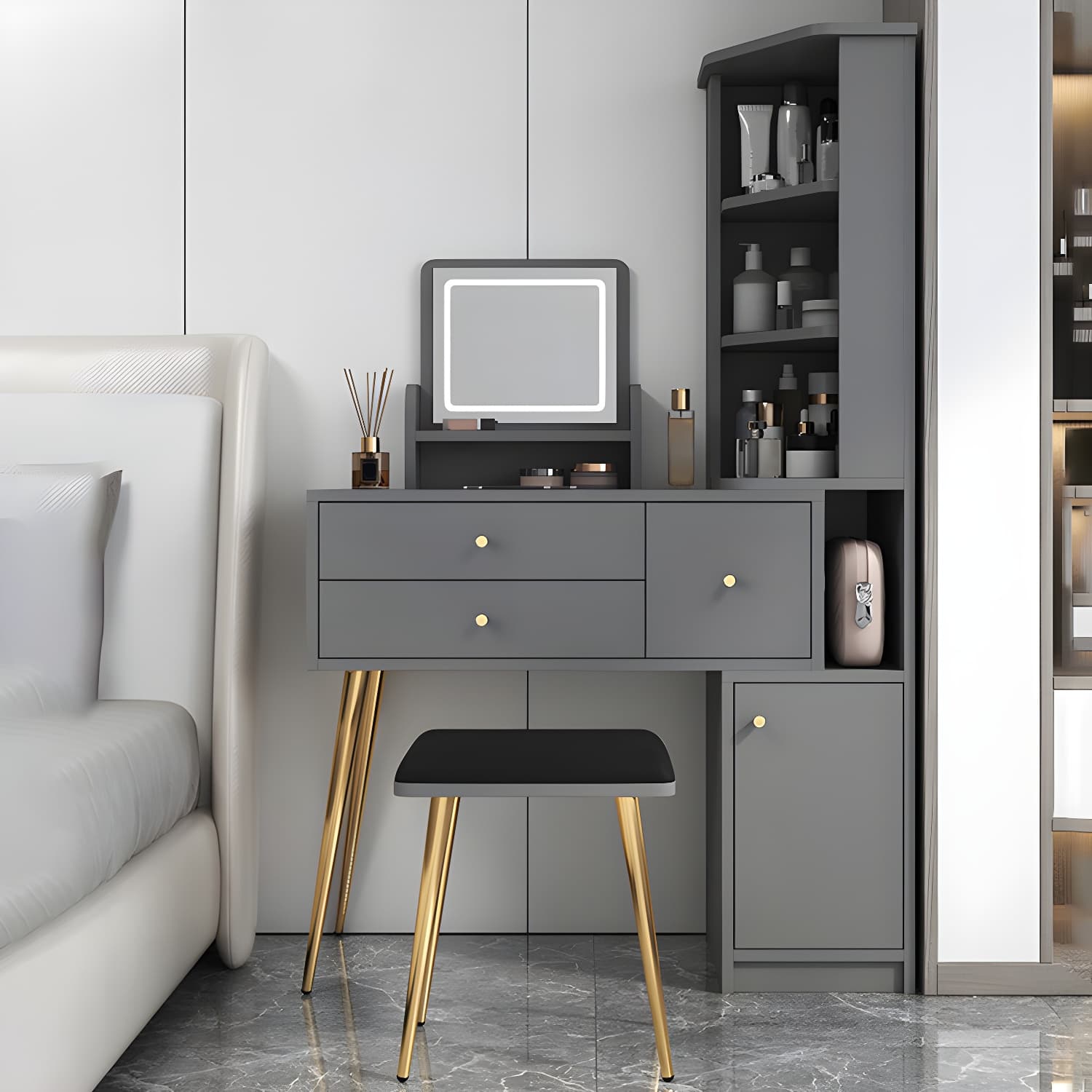 Glam Style Wood-based Material White/grey Dressing Table with Drawers and Storage Shelves - image 4