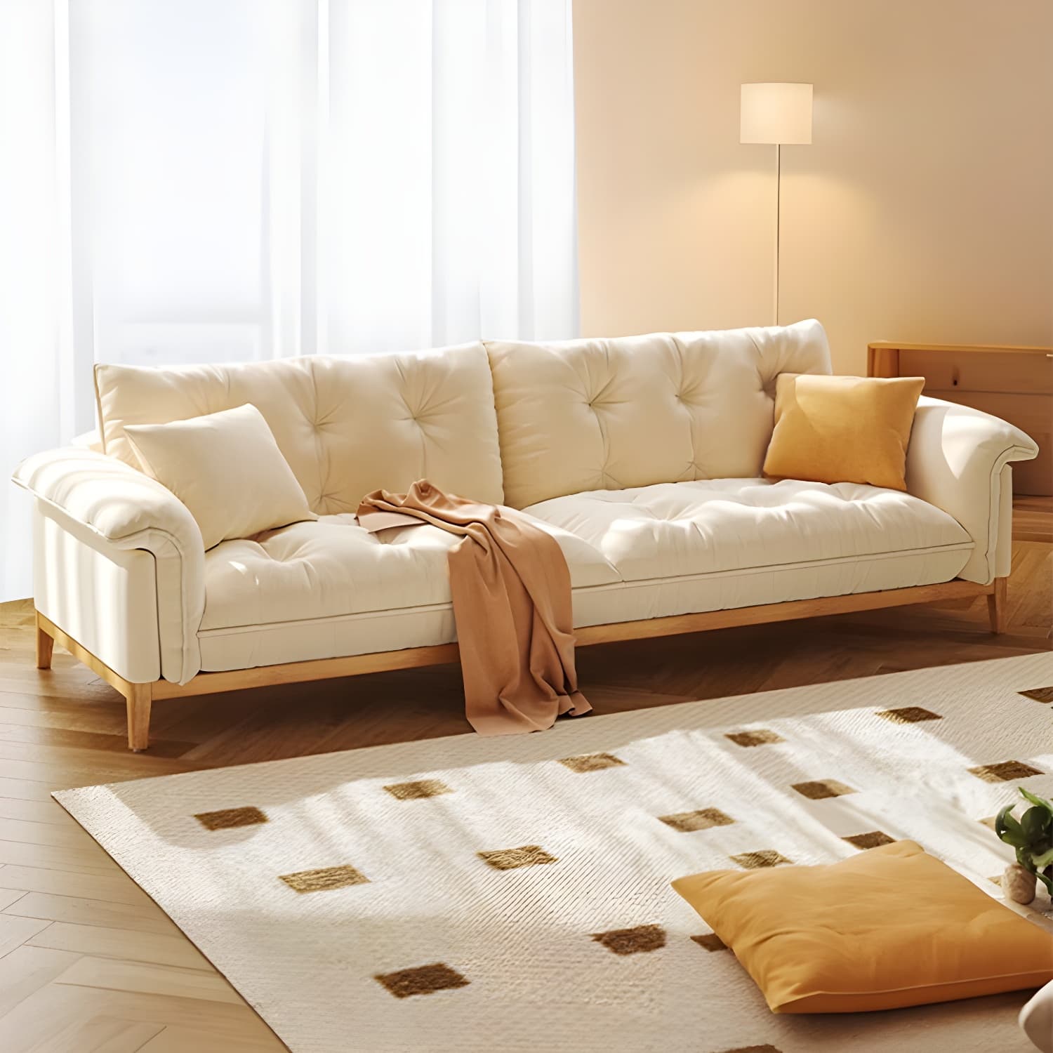 Beige Scandinavian Tufted Sectional Sofa with Wood Frame and Pillow Top Arm
