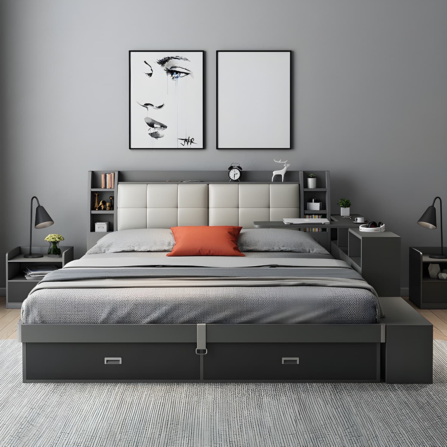 Upholstered Headboard Standard Bed with Storage Gray Wood 38.58" High