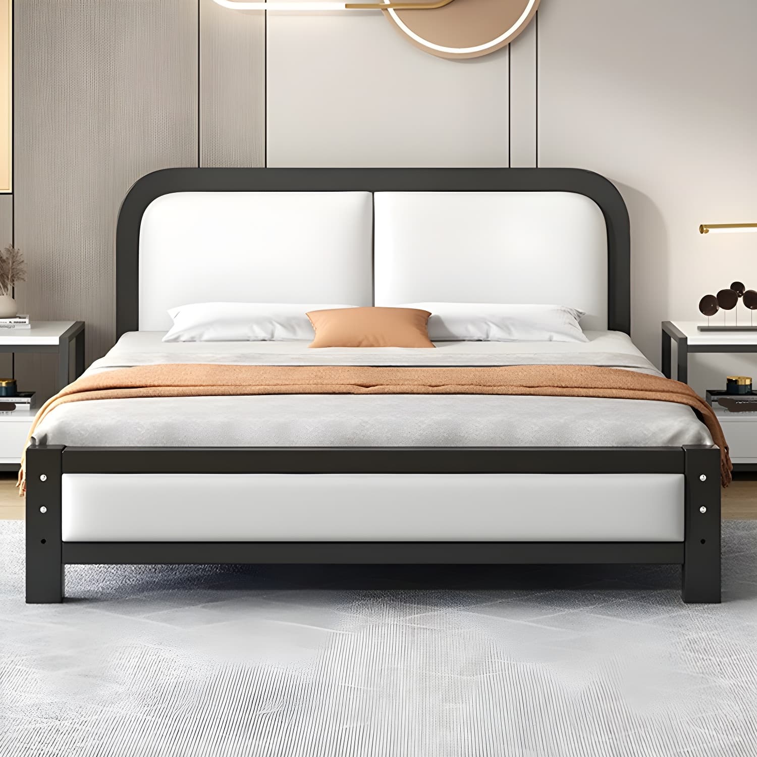Modern Metal Panel Bed in White/Midnight Black with Easy Assembly