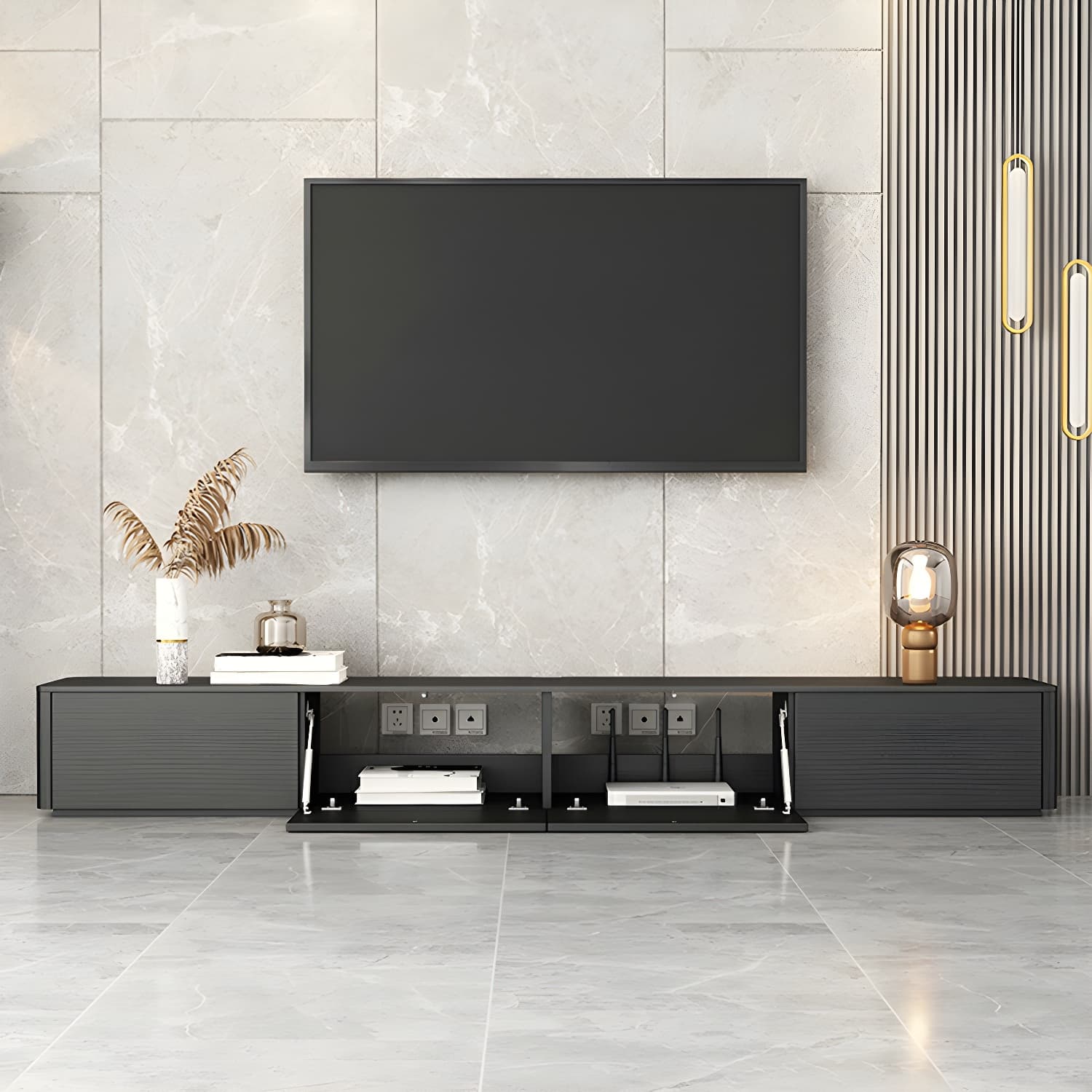 Black Wood TV Stand with Drawers and Cable Management – Modern Style and Low Height