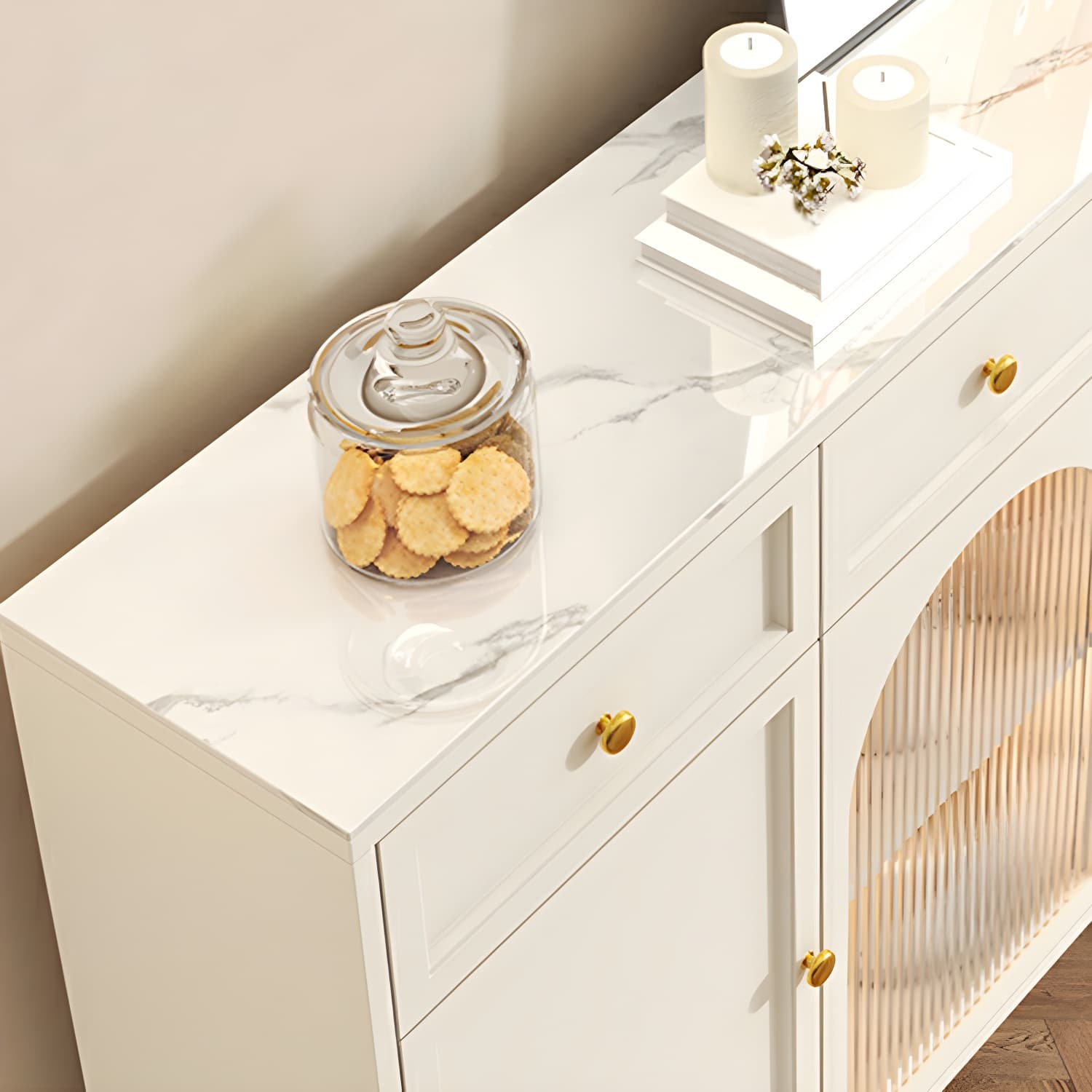 Scandinavian Wood Sideboard with Stone Countertop and Glass Doors - image 7