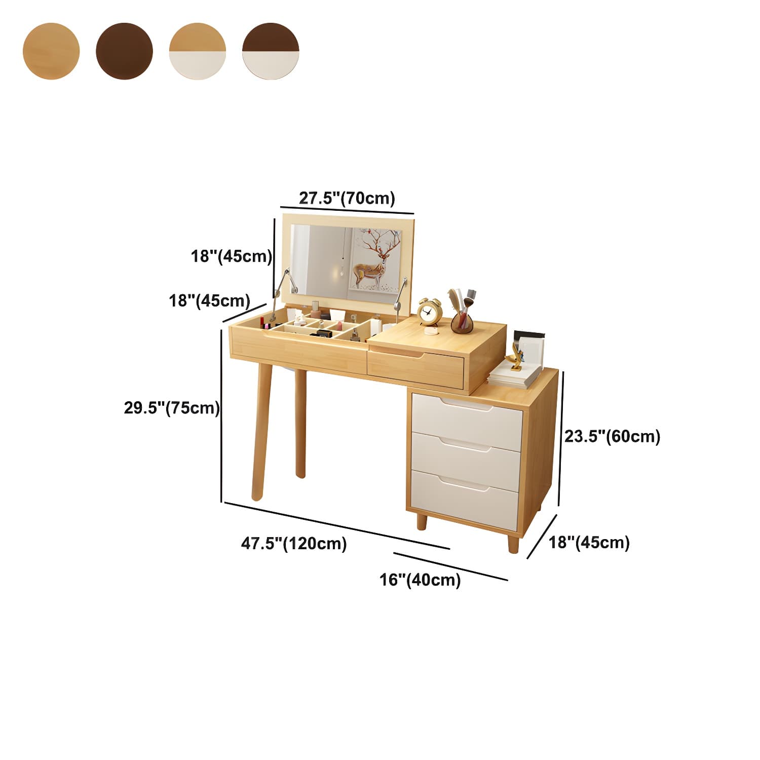 Solid Wood 1/4-Drawer Vanity Makeup Table with Mirror and Stool - 17.72" D - image 20