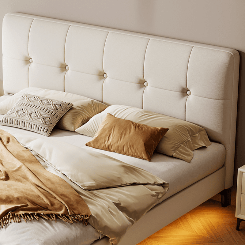 White Contemporary Panel Bed with Leg, Stitch-tufted Design, and Natural Wood Slats for Bedroom - image 3