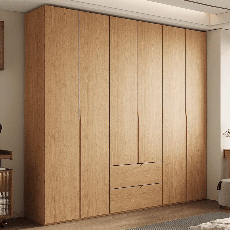Natural Finish Minimalist Oak Wood Cabinet Armoire with Soft Close Drawer, Soft Close Door, Interior Shelves, and Clothing Rod