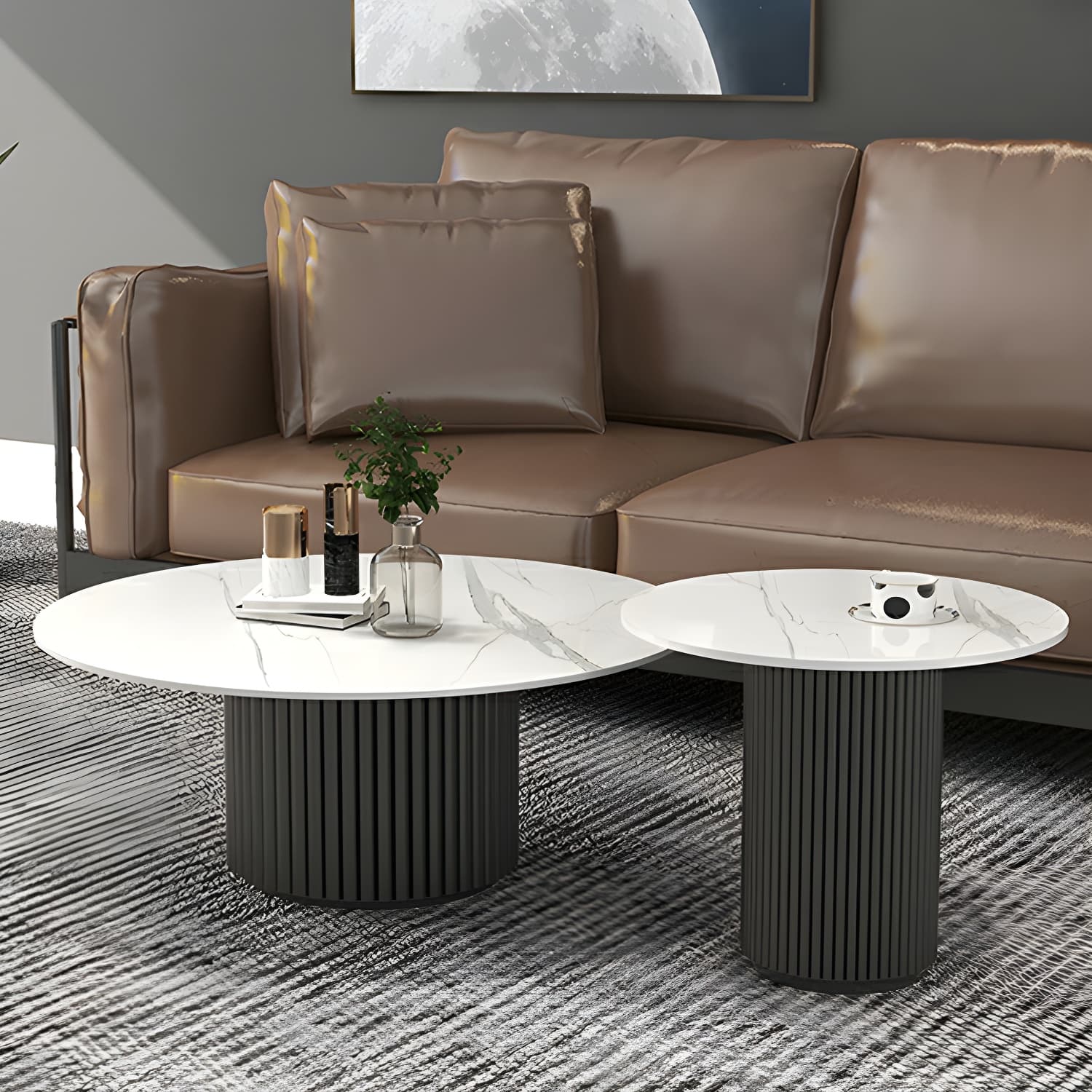 Set of Two Modern Round Black Coffee Tables with White Stone Tops and Iron Pedestal Bases - image 4