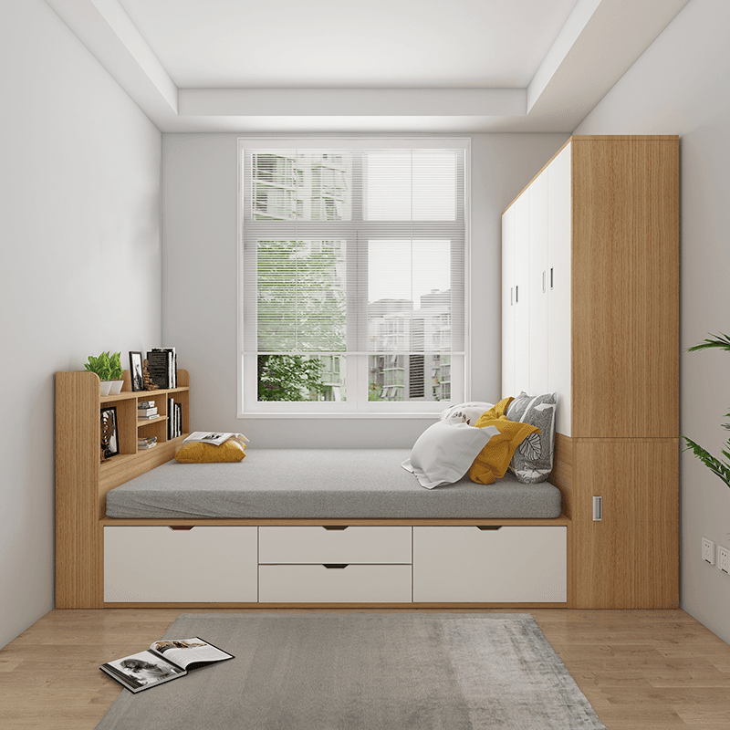 Natural Color Solid Color Tatami Bed with 4 Storage Boxes for Bedroom