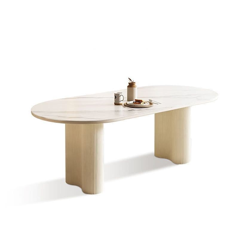 Modern Simple Style Oval Slate Dining Table Set with Dual Footing, Solid Back Panel in Chalk Color