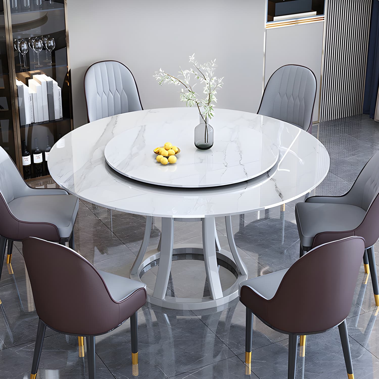 Round Sintered Stone Dining Table Modern Turntable Furniture with Solid Wood Pedestal Base - image 6