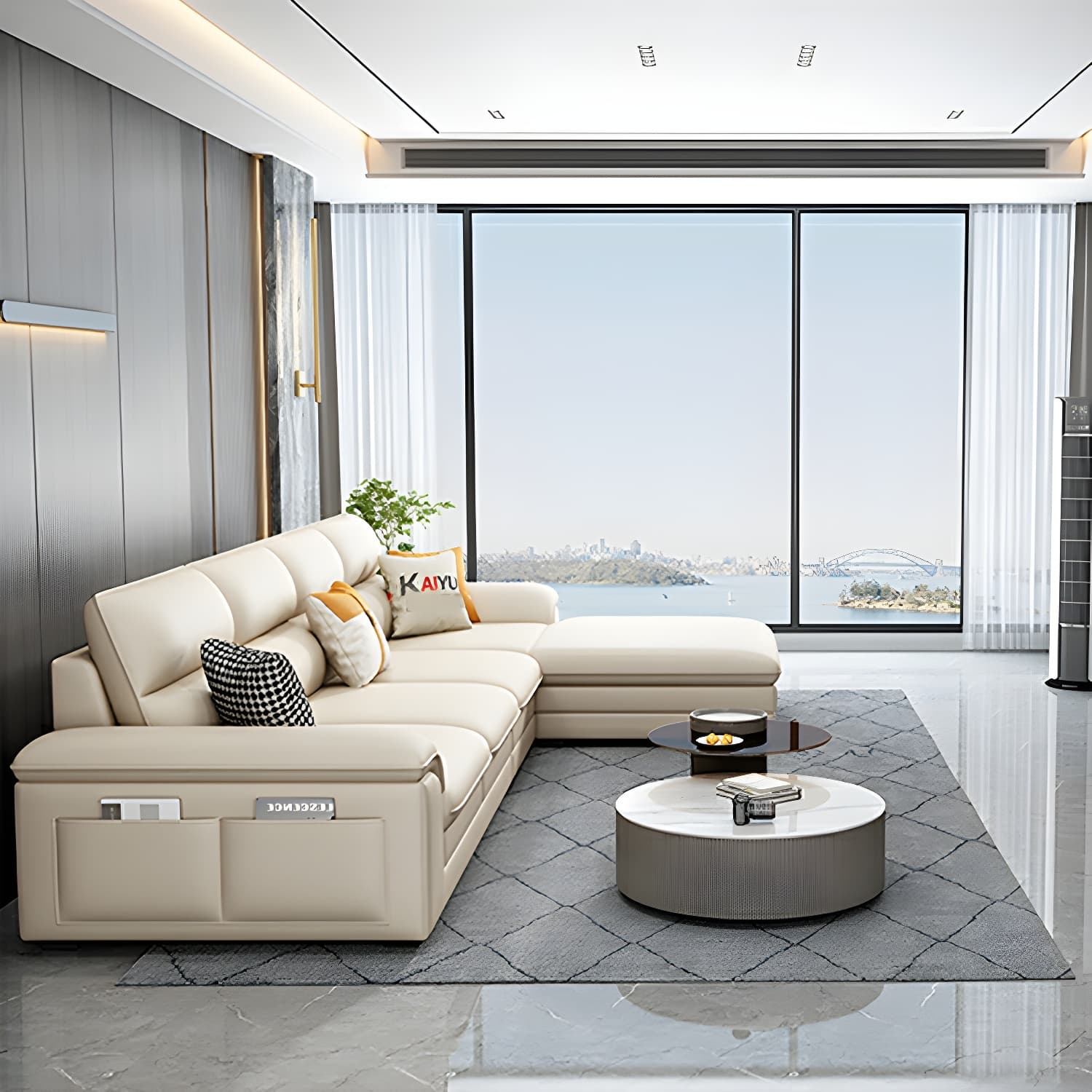 Modern Beige Stationary Sectional Sofa in Scratching Cloth with Wood Frame and Pillow Top Arms - image 11
