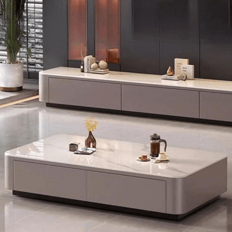 Contemporary Design Single Set Geometric Figure Rock Top Board Game Coffee Table with Block Base in Gray/Chalk and 2 Drawers - image 7