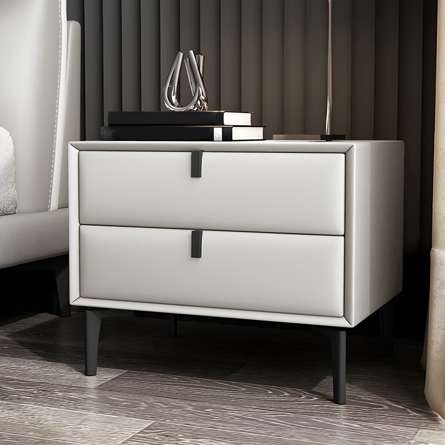 Pine Frame Two Drawers Leather Multicolor Choice of Black Table Foot Nightstand - image 9
