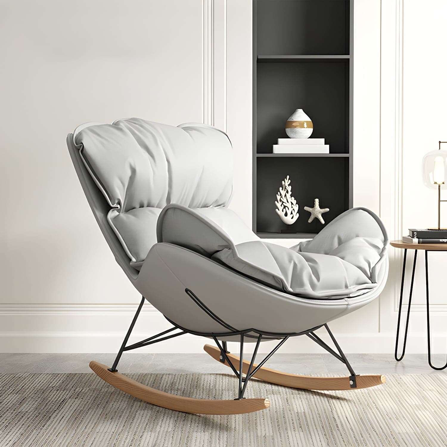 Modern Metal Rocking Chair with Upholstered Seat - Brown Legs, Removable Cushions - image 3
