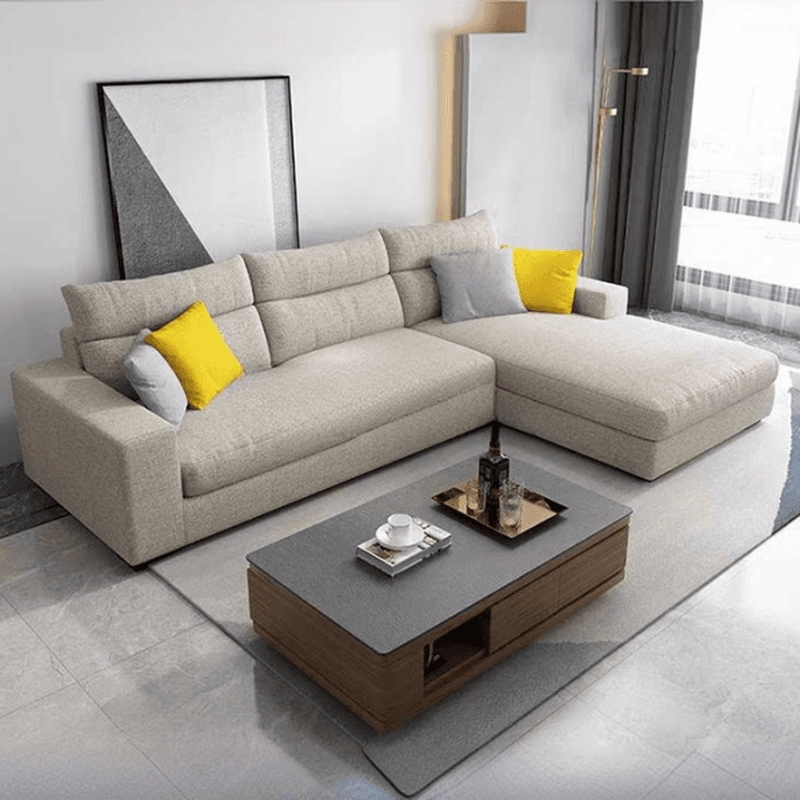 L-Shape Sofa Chaise with Pillow Back, Azure/Cream Upholstery, Square Arm, Slipcover, and 1 Chaise