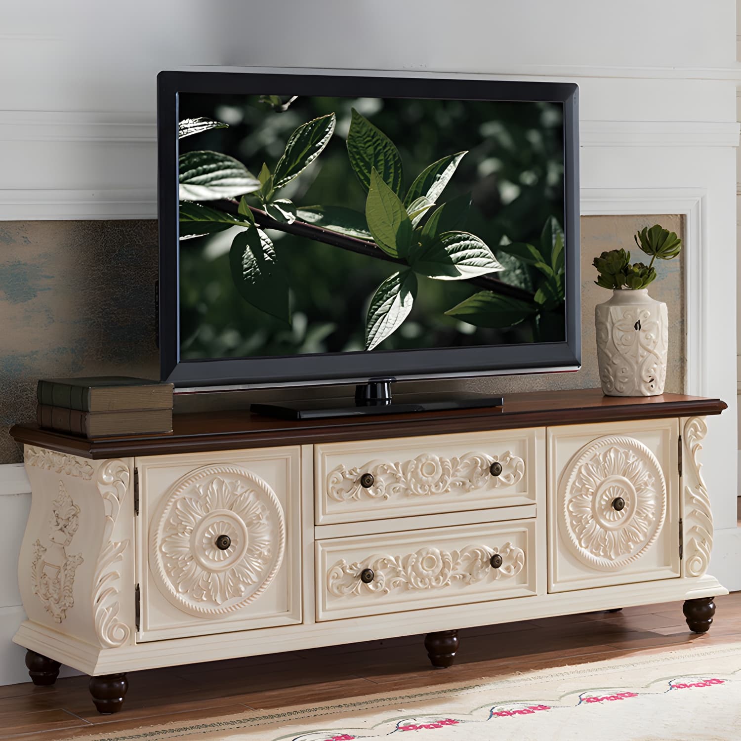 Traditional Rubberwood Media Console Matte Finish TV Media Stand with Drawers - image 4