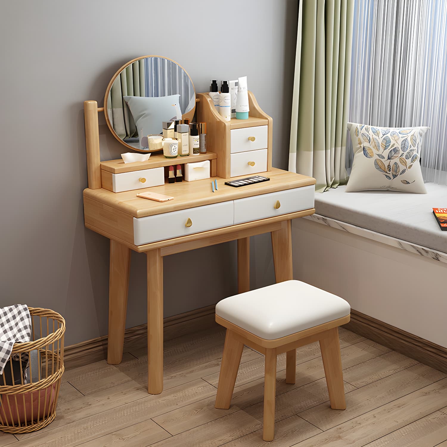 Scandinavian Solid Wood Table Makeup Vanity with Mirror and Drawers - image 6