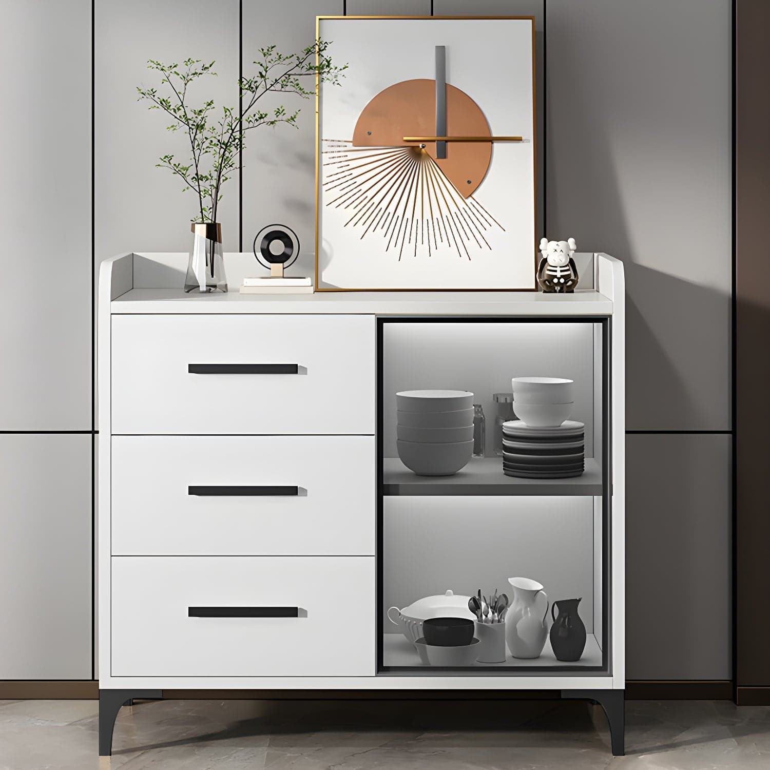 Glamorous Wood Buffet Sideboard with Glass Doors and Open Storage - image 3
