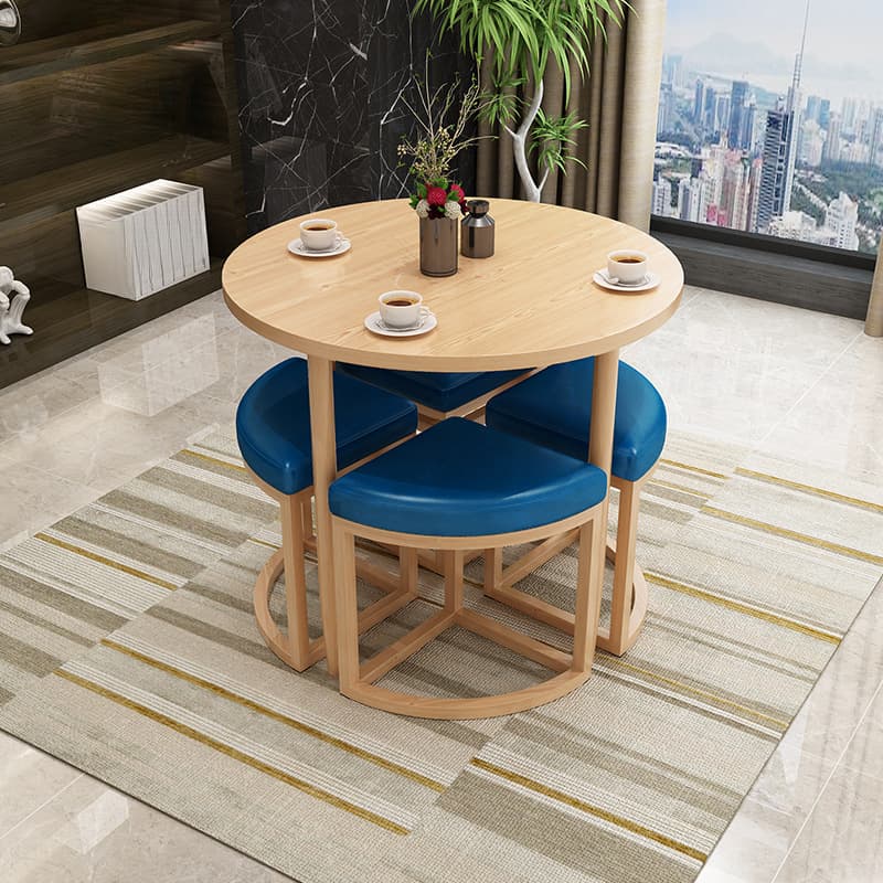Reclaimed Wood Round Dining Table Set with Metal Toboggan Base and Upholstered Backless Chairs for 4 People - image 23