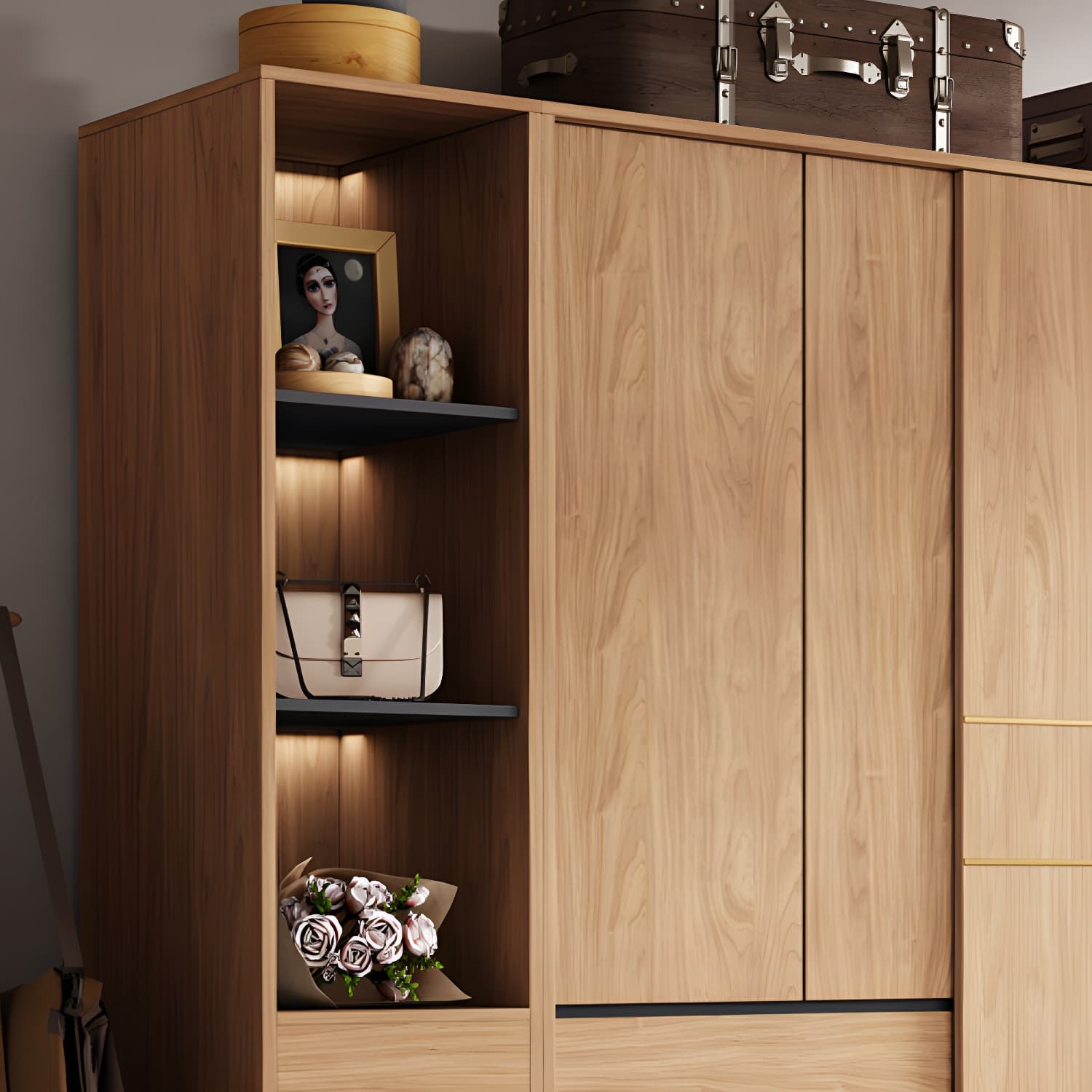Natural Finish Wardrobe Armoire Sliding Wardrobe Cabinet with Drawer - image 6