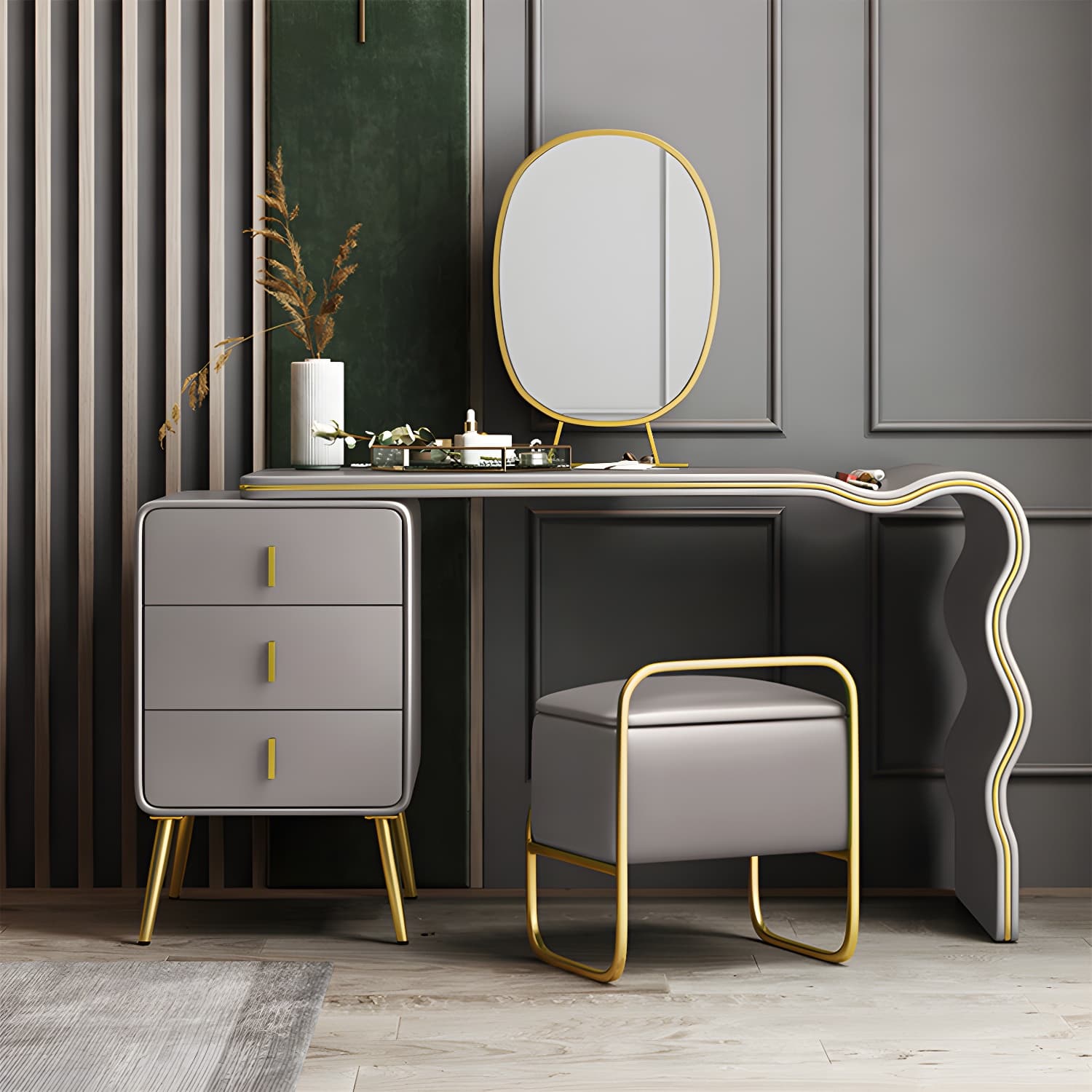 3 Drawers Make-up Vanity Set, 28.74" H Leather Vanity with Stool & Mirror - image 19