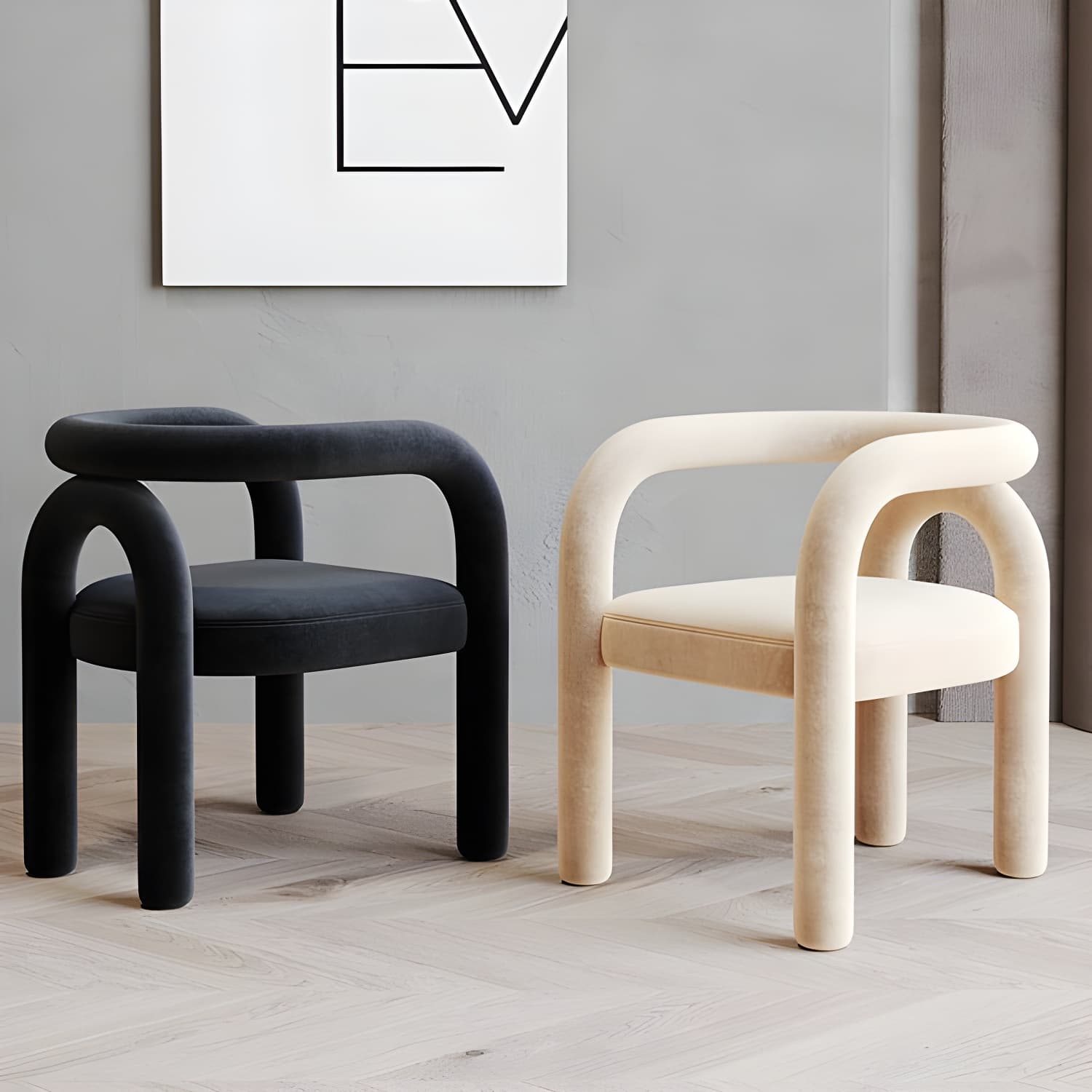 Designer Style Velvet Curved Arm Chair Open Back Matte Finish Dining Chair - image 17