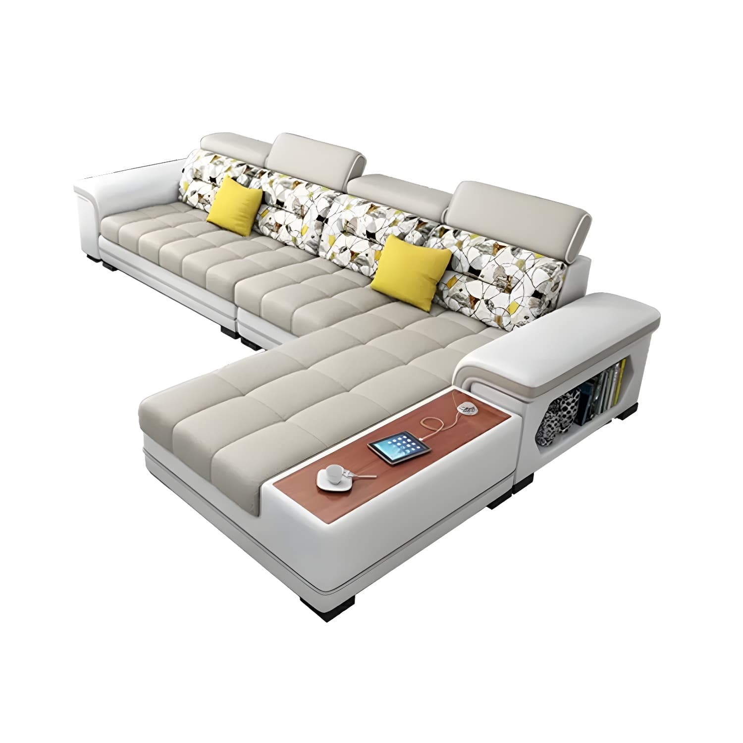 Modern Beige Sectional Sofa with Wood Frame, Pillow Back & Slipcover, Storage Included with Shelves - image 9
