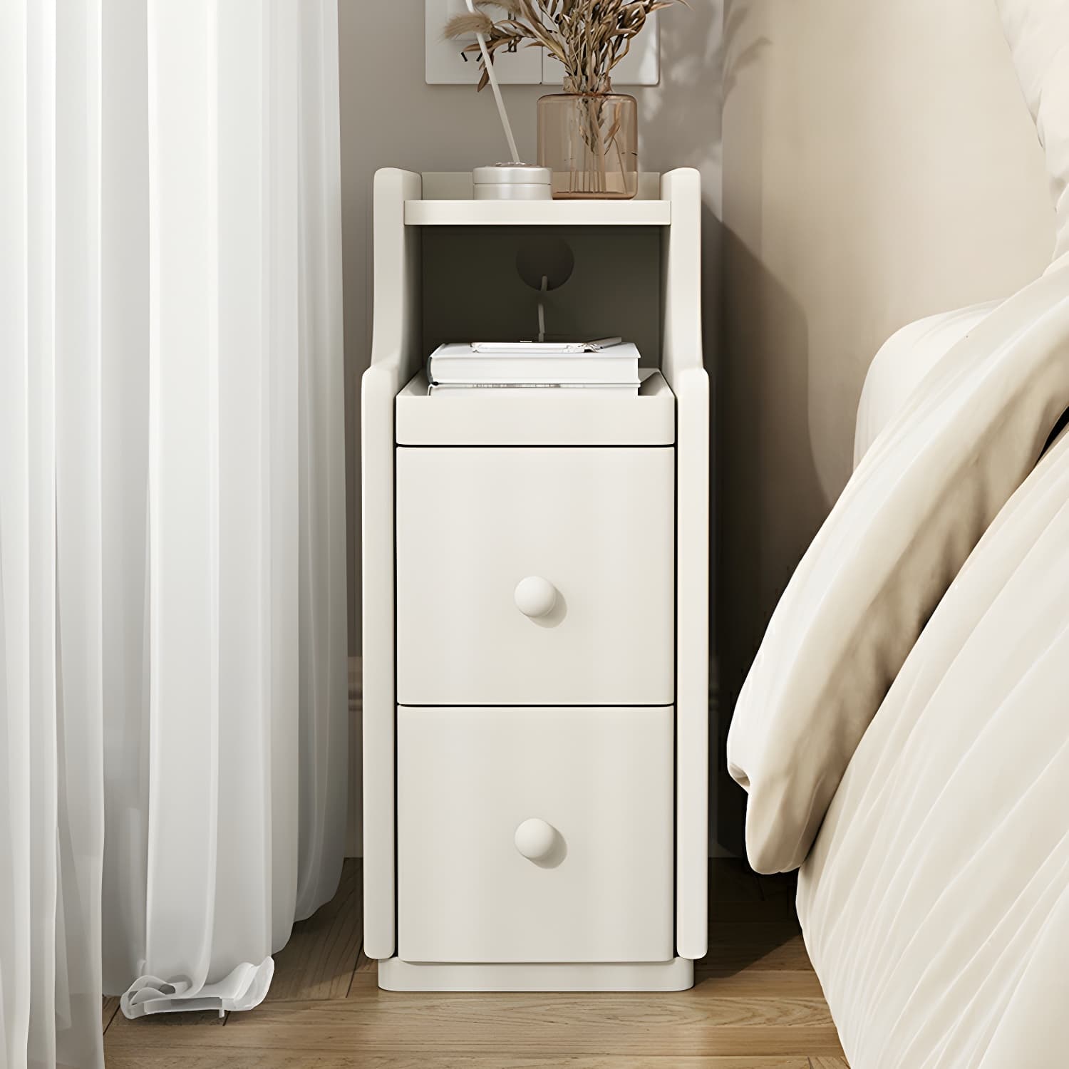 Modern Wood Open Storage Nightstand in Narrow Design with Drawers - image 3